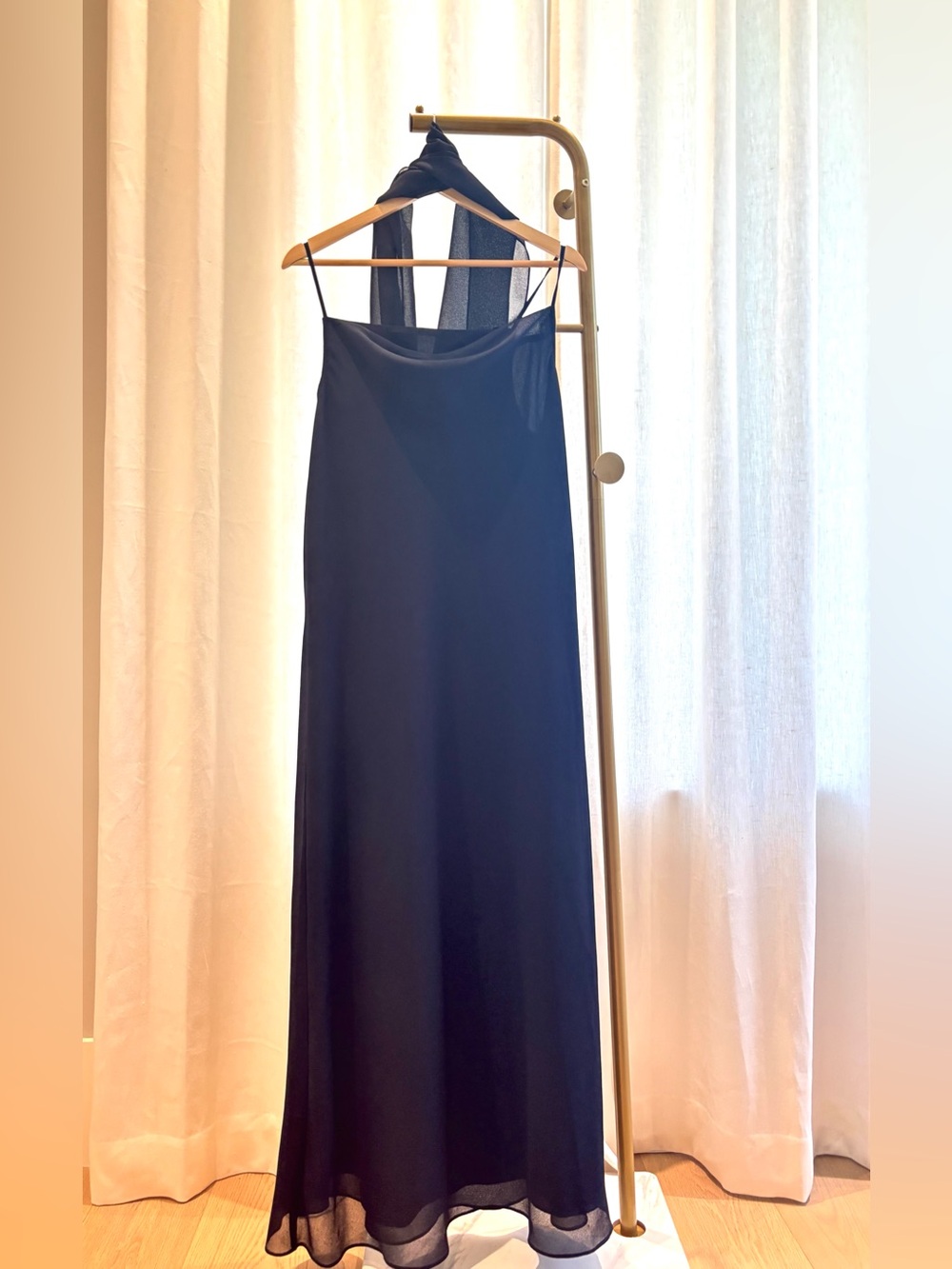 Elegant Black Slip Maxi Dress with Scarf Detail Approx Size L